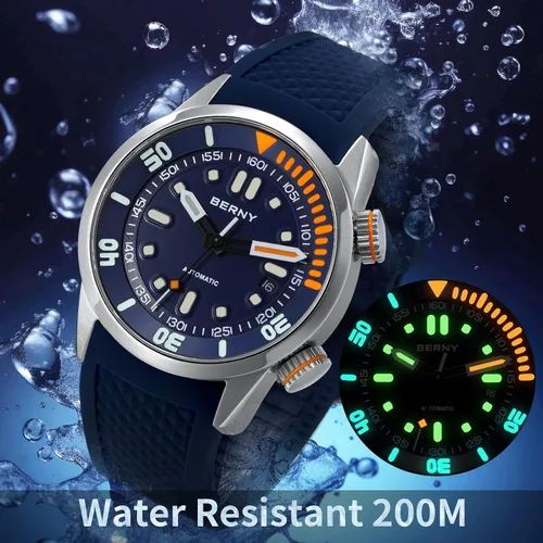 Miniatura 5 de BERNY Reloj de buceo para hombre, relojes mecánicos automáticos de moda para hombres, reloj de pulsera masculino impermeable 20AMT, reloj de pulsera