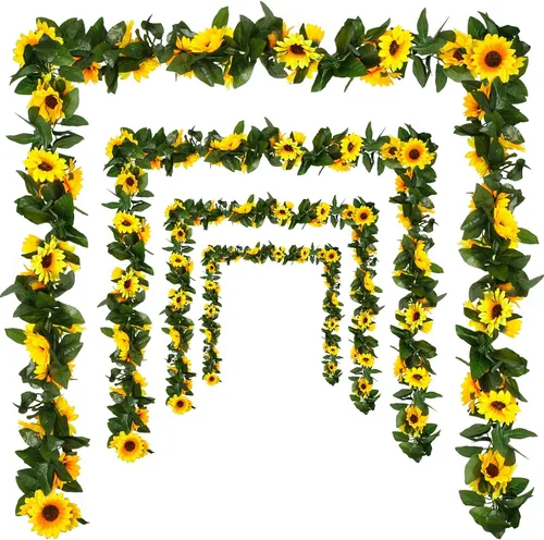 DEEMEI Paquete de 4 guirnaldas artificiales de girasoles de seda colgantes con flores y hojas verdes para mesa de boda, jardín, manualidades,