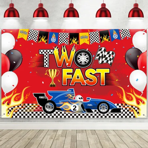 Oudain Telón de fondo de cumpleaños con dos carteles de carreras de coches, decoración de fiesta temática de automóvil, fondo de fotos, suministros