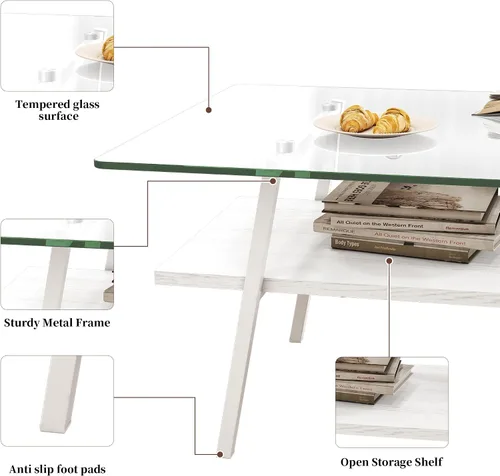 Miniatura 6 de Mesa de centro de cristal para sala de estar, mesa de centro de 2 niveles de mediados de siglo, mesa central con parte superior de vidrio templado