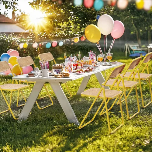 Miniatura 6 de VINGLI Silla plegable moderna con marco de hierro con panel de textura tejida, diseño que ahorra espacio para fiestas, bodas, eventos, oficina