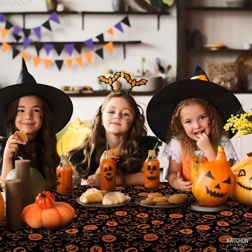 Miniatura 8 de KatchOn, Mantel de plástico de Halloween de calabaza, 54x90 pulgadas, paquete de 3, mantel de calabaza, mantel de Halloween negro y naranja, mantel