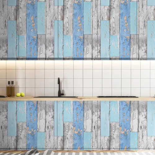 Miniatura 4 de Caltero Papel tapiz de tablones de madera de 17.71 pulgadas × 98.4 pies, papel tapiz de madera envejecida azul para despegar y pegar, papel tapiz
