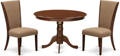 Miniatura 14 de East West Furniture HLVE3-LWH-15 - Juego de mesa y sillas de cocina de 3 piezas contiene una mesa redonda de comedor con pedestal y 2 sillas Parson