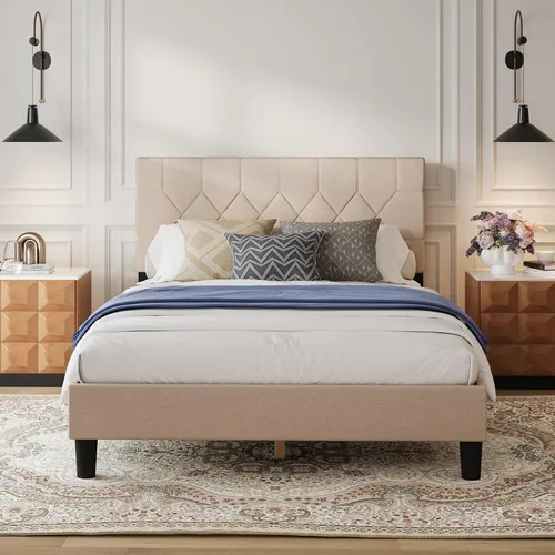 Miniatura 3 de Avenco Base de cama de tamaño matrimonial, base de cama tapizada con cabecera ajustable de 3 alturas, fácil montaje sin herramientas