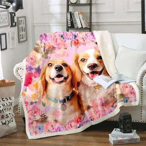 Miniatura 5 de Feelyou Manta de Felpa para Niños con Dibujos de Perros para Cama de Sofá, Manta Sherpa de Perro de Dibujos Animados para Niñas, Rosa, Floral