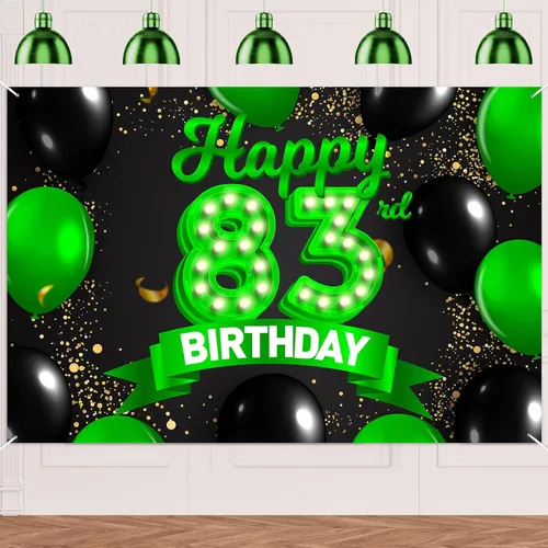 Miniatura 87 de Cartel de feliz cumpleaños 26 verde y negro, telón de fondo con texto en inglés "Cheers to 26 years old confeti", globos de confeti, decoración