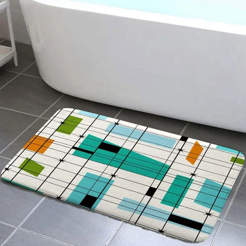 Miniatura 7 de Alfombra de baño de mediados de siglo, alfombra de baño estética abstracta geométrica de mediados de siglo, color verde azulado, retro, cuadrícula