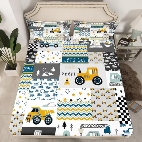 Miniatura 2 de Manfei Juego de sábanas de caricaturas para niños, tamaño individual, juego de ropa de cama de tractor de vehículos de construcción, decoración