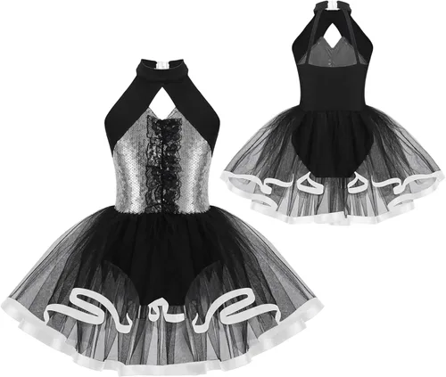 Miniatura 62 de CHICTRY Vestido tutú de ballet con lentejuelas brillantes para niñas y niñas, moderno disfraz de baile latino de jazz