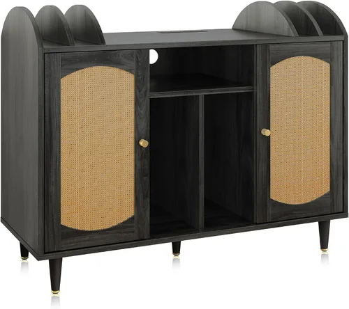 Miniatura 8 de BELLEZE Mid-Century - Soporte para tocadiscos, gabinete de almacenamiento de vinilo de ratán para más de 350 álbumes, mesa giratoria con toma