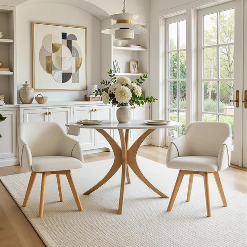 Juego de 2 sillas de comedor giratorias, modernas de mediados de siglo con brazos y patas de madera, sillas de cocina tapizadas de tela de lino para