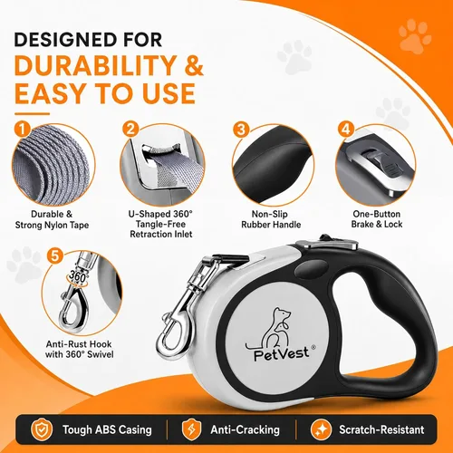 Miniatura 4 de Correa retráctil doble para perros, de 10 pies sin enredos para 2 perros, desmontable para uso individual, freno y bloqueo con un botón, hasta 20 kg