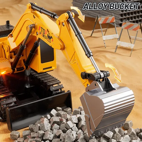 Miniatura 6 de Excavadora de juguete a control remoto para niños de 6 a 12 años, 11CH 2.4 GHz, excavadora de arena RC con pala de metal, luces/sonidos, juguetes