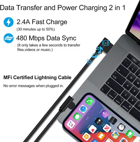 Miniatura 3 de Cargador para iPhone de 1 pie y 90 grados, 2 unidades, con certificación MFi, cable Lightning corto en ángulo recto, cable de carga rápida