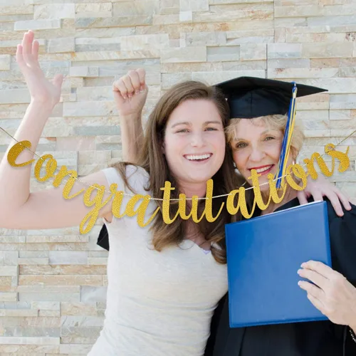Miniatura 2 de Pancarta de felicitaciones con purpurina dorada para graduados, decoraciones de guirnalda de felicitaciones para la universidad 2025, decoraciones