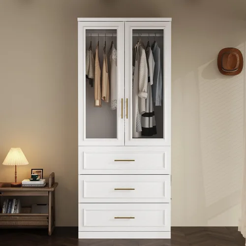 Miniatura 3 de WOODTIME Armario con barra para colgar, 3 cajones enmarcados y 2 puertas de cristal, armario de madera moderno, organizador de armario