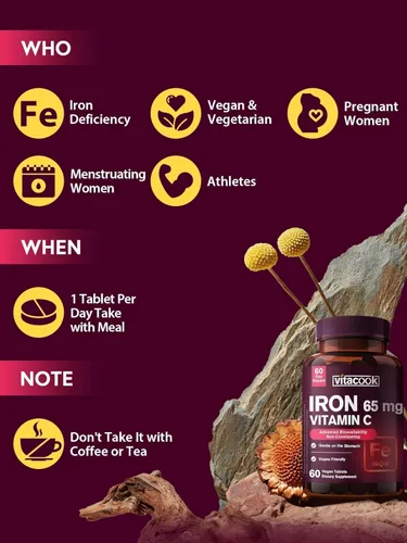 Miniatura 6 de Suplemento de hierro para mujeres y hombres, hierro de alta potencia de 65 mg con vitamina C 250 mg, píldoras de hierro aptas para el estómago