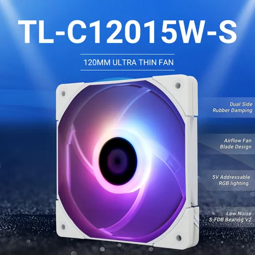 Miniatura 2 de Thermalright TL-C12015W-S Ventilador de enfriamiento de CPU de 120 mm, silencioso PWM ARGB para computadora, enfriador delgado de 15 mm (ARGB blanco)