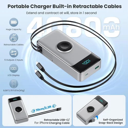 Miniatura 2 de Cargador portátil 5 en 1 para iPhone, banco de energía de 40800 mAh con cable retráctil incorporado y cargador para iWatch, paquete de batería