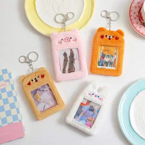 Miniatura 3 de Lindo oso de cerdo de peluche Kpop para tarjeta fotográfica, estuche de pase, funda de tarjeta de identificación, bolsa colgante llavero peludo