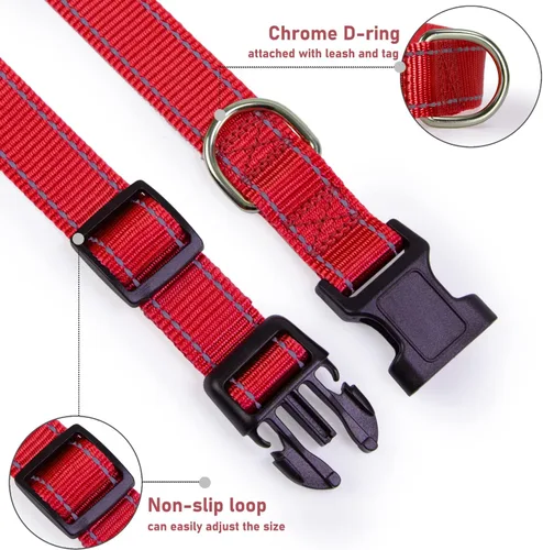 Miniatura 3 de Collar reflectante con hebilla para perro, ajustable, collares de seguridad de nailon para perros pequeños, medianos y grandes, color rojo, talla S