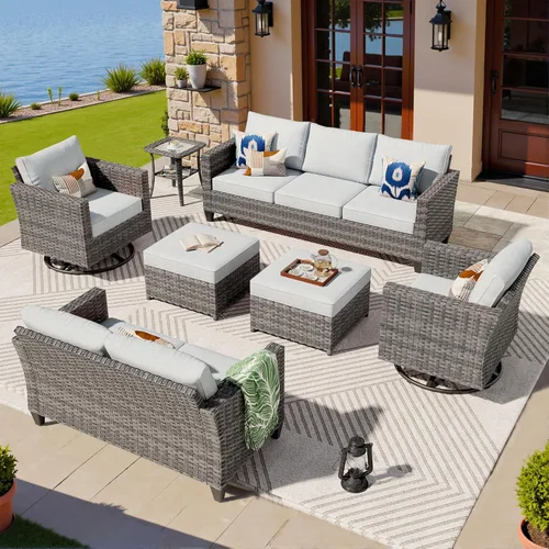 Miniatura 15 de ovios Juego de muebles de patio de 8 piezas, sofá de mimbre para exteriores con sillas giratorias, mecedora con cojines cómodos, juego de Beige