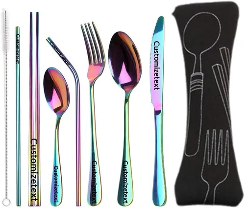 Juego de cubiertos personalizados con caja Juego de cubiertos portátil personalizado Cuchara, tenedor, palillos cuchillo (negro)