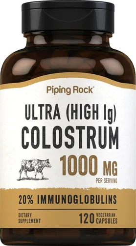 Piping Rock Cápsulas de calostro de 1000 mg | 120 píldoras | Suplemento para mujeres y hombres | 20% de inmunoglobulina | Vegetariano, sin OMG, sin