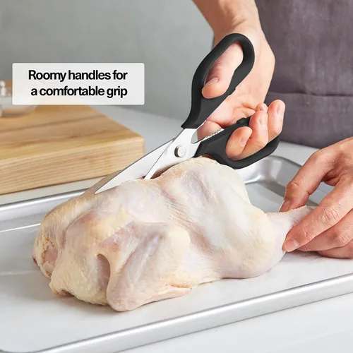 Miniatura 3 de Misen Tijeras de cocina resistentes, cómodas tijeras ambidiestras para carne, aves, hierbas y más, fáciles de limpiar, acero inoxidable alemán, Rojo
