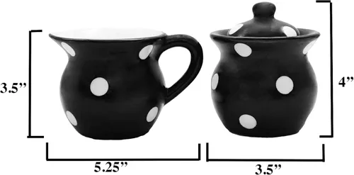 Miniatura 2 de ACK Juego de crema y azúcar de cerámica, azucarero con tapa (lunares negros)