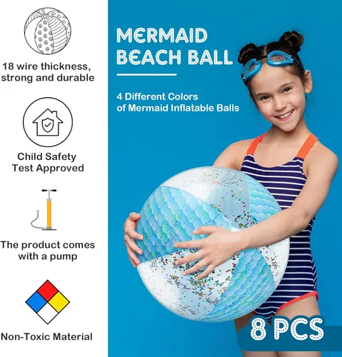 Miniatura 3 de Honoson Bola de playa de sirena de 16 pulgadas, bola de playa inflable gigante con purpurina, bola de playa con purpurina, regalos de fiesta