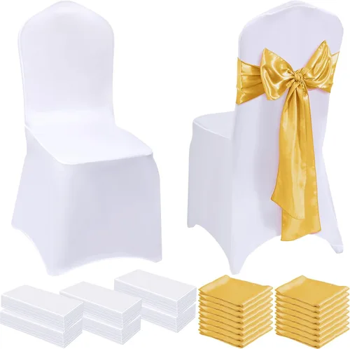 Miniatura 9 de Mepase Juego de 100 fundas blancas para sillas con 50 fundas elásticas de elastano para sillas de 50 sillas, lazos y fajas, funda ajustable blanco