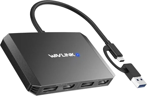 WAVLINK Adaptador USB C y USB 3.0 a Dual DisplayPort/HDMI 4K, Divisor de Monitor Displaylink Visualización Extendida para Monitor Dual 4K@60Hz, Negro