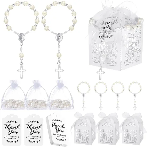 Huquary El juego de 100 recuerdos de bautismo incluye 25 mini rosario, 25 cajas de regalo, 25 bolsas de organza blanca con cordón, 25 etiquetas de