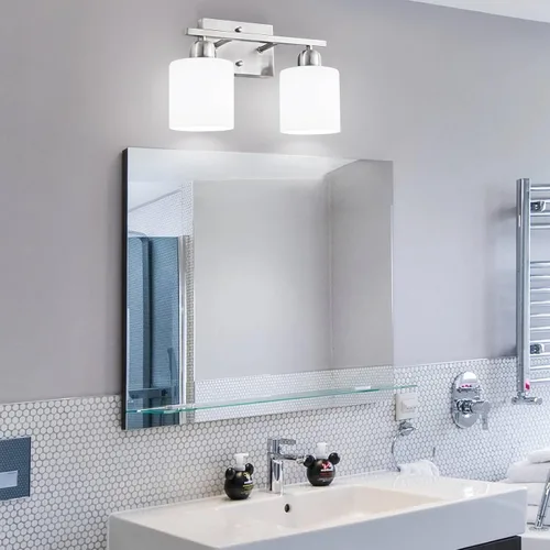 Miniatura 7 de Luz de baño de níquel cepillado, Luz de tocador de baño de 2 luces de níquel cepillado, Lámpara de tocador con pantallas de vidrio esmerilado blanco