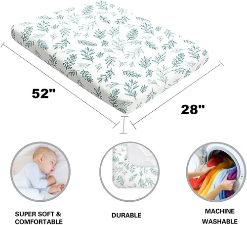 Miniatura 7 de Paquete de 4 sábanas bajeras de color verde salvia, transpirables, neutrales, unisex, para niños o niñas, con diseño de hojas y flores, sábana