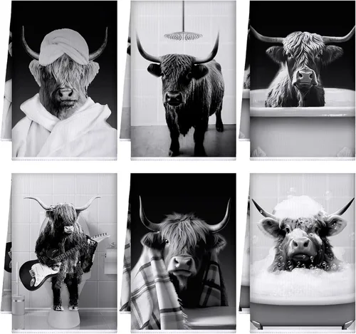 Boyiee Juego de 6 toallas de cocina de ganado Highland, divertidas toallas de baño de vaca en blanco y negro, absorbentes de 24 x 16 pulgadas, lindo