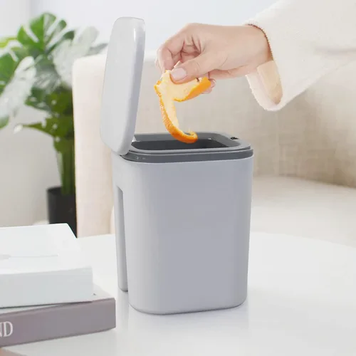 Miniatura 5 de Vababa Cubo de basura pequeño gris de 0.5 galones, mini bote de basura con botón