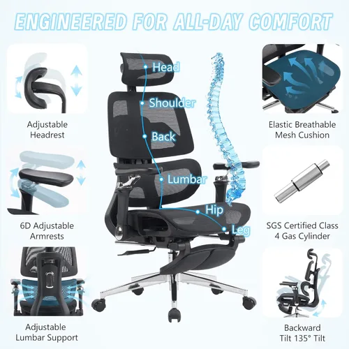 Miniatura 3 de Silla de oficina ergonómica con reposapiés, silla de computadora de malla de respaldo alto con soporte lumbar, altura del respaldo de 5 niveles