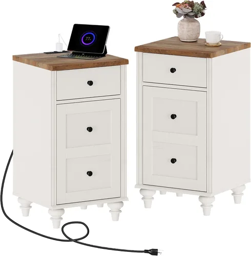 Miniatura 8 de WAMPAT Mesitas de noche con estación de carga, juego de 2 mesas auxiliares con tomas de corriente y puertos USB para sala de estar, mesa auxiliar