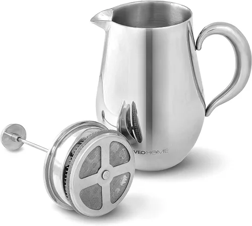 VeoHome - Cafetera de pistón de 1 litro - Irrompible y mantiene el café caliente durante mucho tiempo gracias a su doble carcasa de acero inoxidable…
