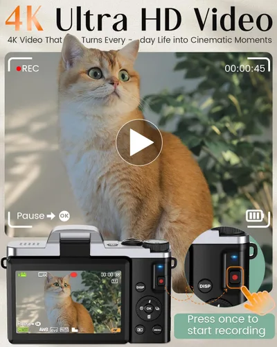 Miniatura 2 de Cámara digital 4K para fotografía con WiFi, cámara de videoblogs de 64 megapíxeles con enfoque automático para YouTube, cámara compacta de viaje