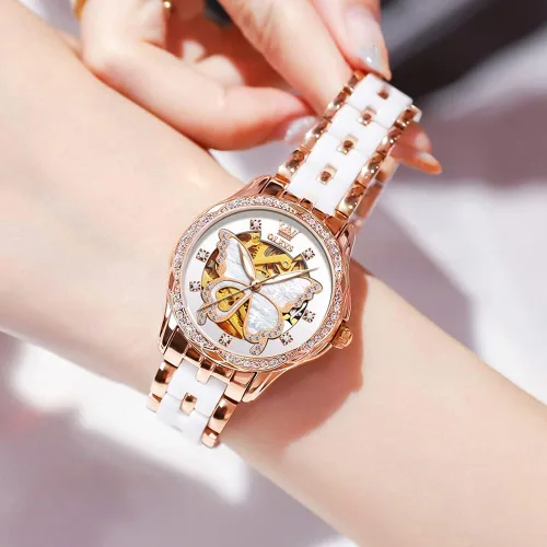 Miniatura 3 de OLEVS Relojes de oro rosa para mujer correa de acero inoxidable de cerámica reloj mecánico automático calendario de puntero luminoso impermeable