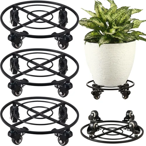 Miniatura 10 de Paquete de 2 organizadores grandes de metal para plantas con ruedas de 13.6 pulgadas, soportes rodantes para plantas de hierro forjado, rodillos