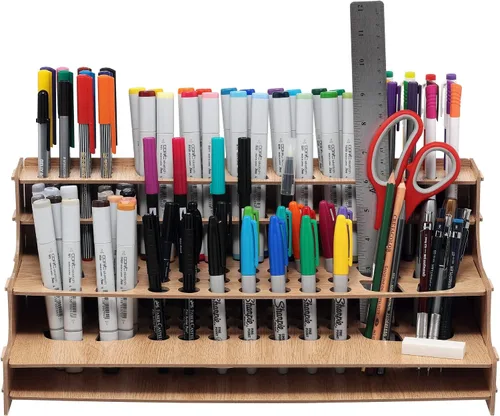 Miniatura 5 de Mezzo Artist Paint and Brush Rack - Soporte de Escritorio Multicapa de Laminado Veteado de Madera Organizador de Almacenamiento y Exhibición