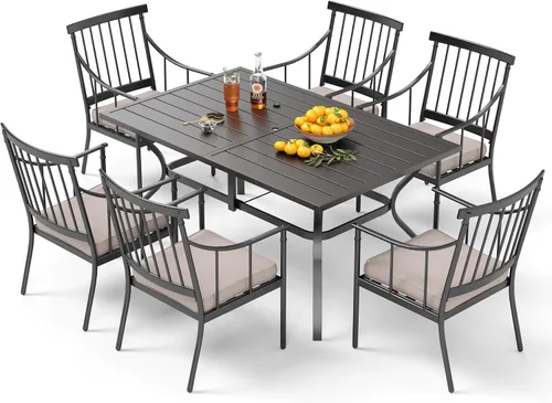 PHI VILLA Juego de comedor al aire libre de 7 piezas con cojín, mesa de comedor rectangular de metal de 60 pulgadas con agujero para sombrilla y 6