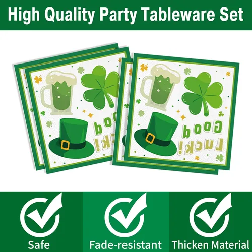 Miniatura 4 de 168 piezas de suministros para fiesta del día de San Patricio, platos y servilletas de papel del día de San Patricio, tazas, cuchillo, tenedor y St.
