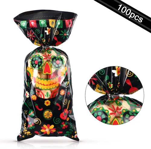 Miniatura 3 de 100 bolsas de regalo del Día de los Muertos, bolsas de plástico de celofán negro con 100 lazos plateados para decoraciones de Halloween, suministros