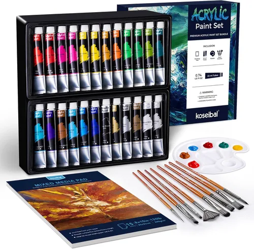 Miniatura 8 de koseibal Juego de arte acrílico con 24 pinturas acrílicas, 8 plantillas de madera de bricolaje, 5 paneles de lienzo, 8 pinceles, caballete de mesa